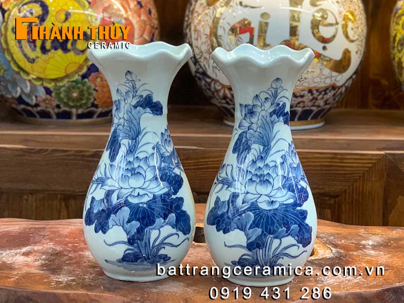 Bình hoa sen men lam Bát Tràng 27cm đẹp cho bàn thờ cao cấp