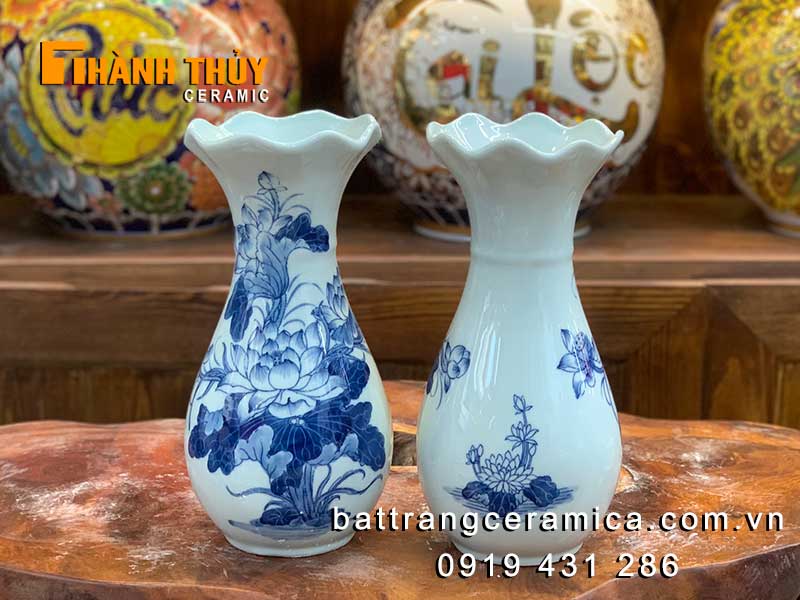 Bình hoa sen men lam Bát Tràng 27cm đẹp cho bàn thờ cao cấp