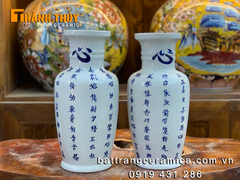 Bình hoa bàn thờ chữ Hán Nôm cao 30cm gốm sứ Bát Tràng đẹp