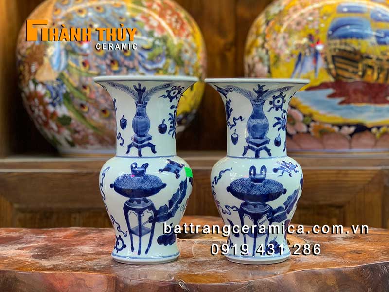 Bình hoa bàn thờ Bát Tràng vẽ cổ cao 23cm gốm sứ cao cấp đẹp