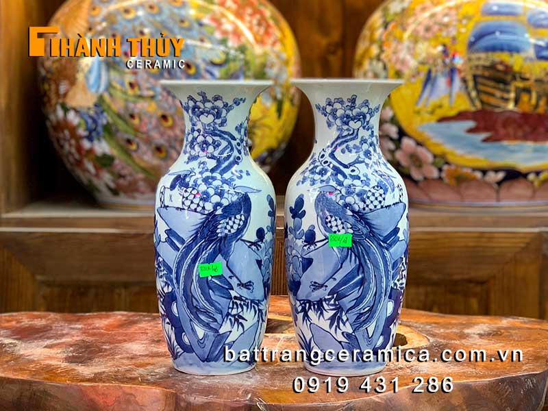 Bình hoa cúng chim trĩ hoa đào cao 28cm gốm sứ Bát Tràng