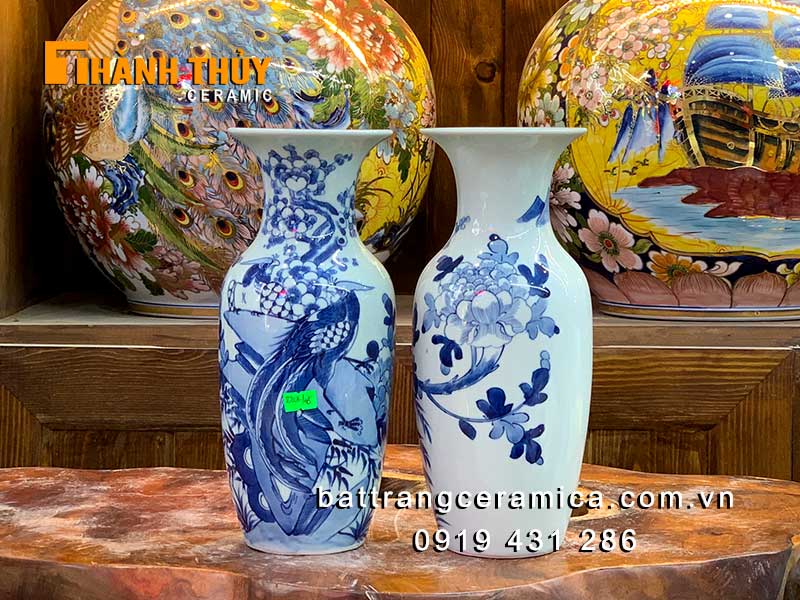Bình hoa cúng chim trĩ hoa đào cao 28cm gốm sứ Bát Tràng