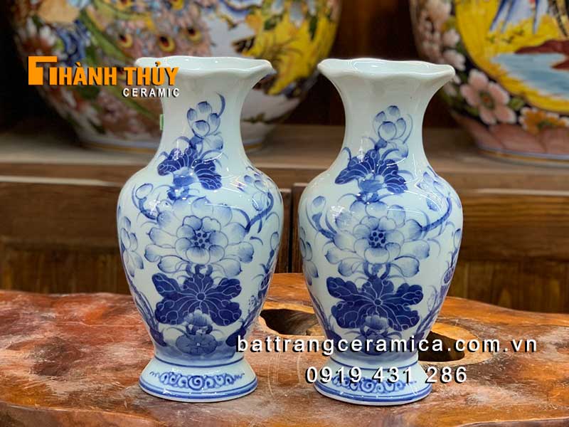 Bình cắm hoa bàn thờ vẽ sen 30cm gốm sứ cao cấp Bát Tràng 