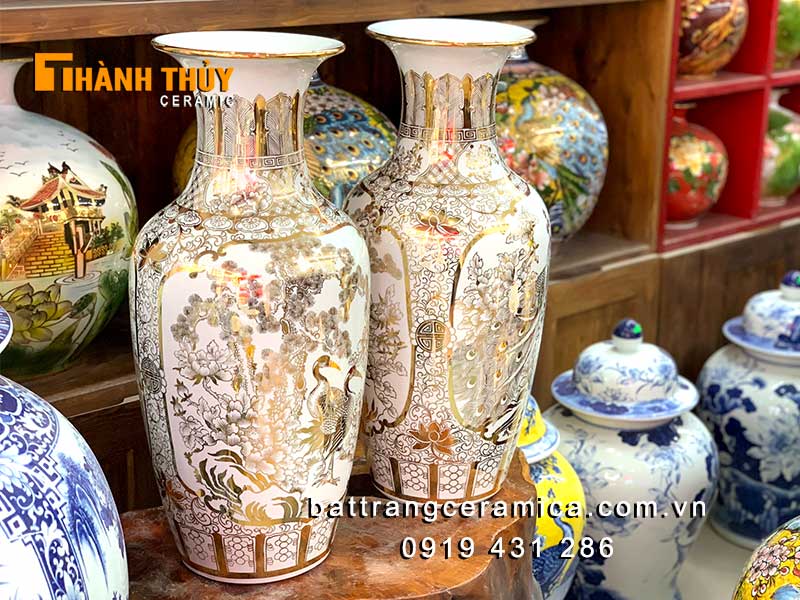 Tiểu lục bình chim công hoa đào men bạch ngọc 60cm vàng 24k sang trọng trang trí