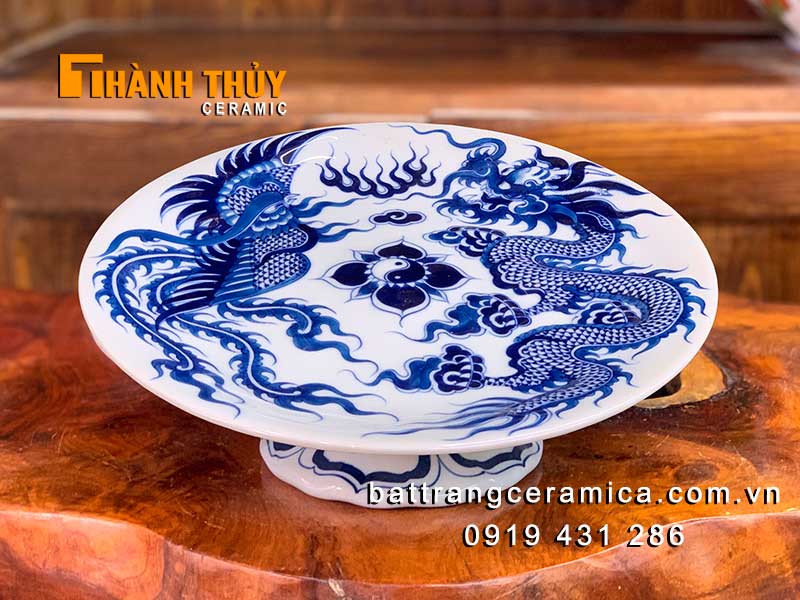 Đĩa đựng mâm ngũ quả rồng phượng 24cm gốm sứ Bát Tràng cao cấp 