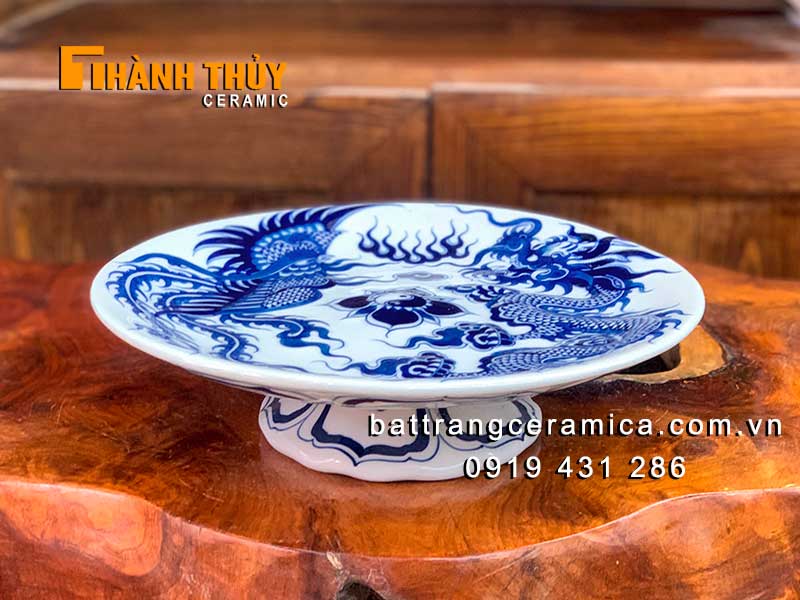 Mâm bồng Bát Tràng 21cm Rồng Phượng cao cấp phong thủy đẹp