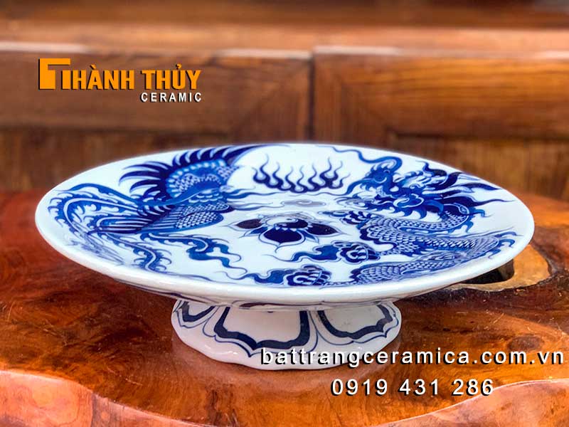 Mâm bồng sứ Bát Tràng 18cm vẽ rồng phượng tinh xảo, độc đáo