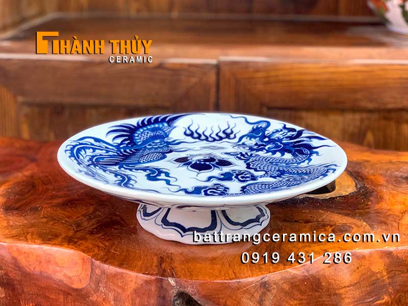Mâm bồng sứ Bát Tràng 18cm vẽ rồng phượng tinh xảo, độc đáo 