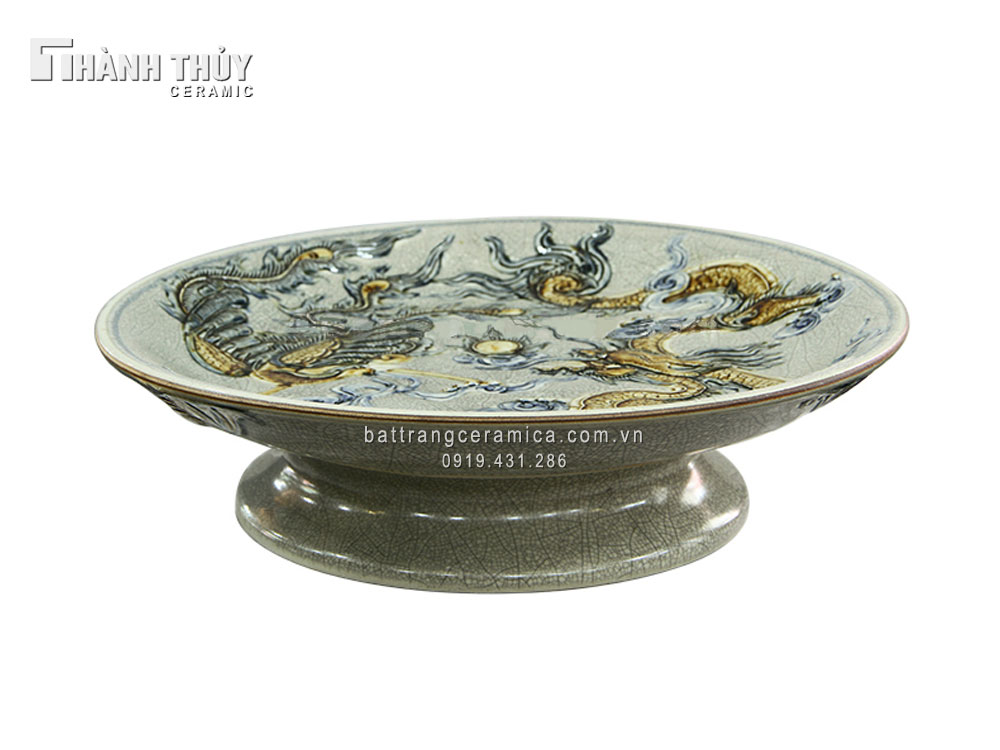 Mâm bồng men rạn cổ phi 27cm decor phong thủy sang trọng cao cấp