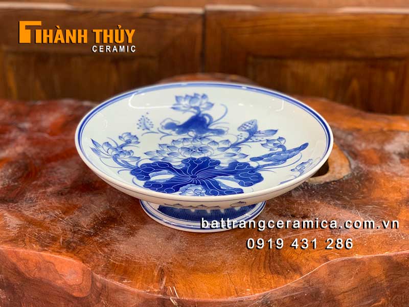 Đĩa bày mâm ngũ quả men lam Bát Tràng 18cm đẹp bền giá tốt