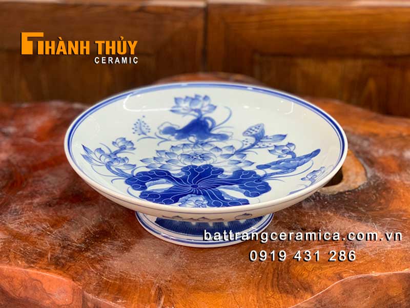 Mâm bồng Bát Tràng vẽ Sen 20cm cao cấp đĩa bày mâm ngũ quả