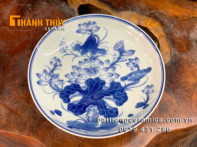 Mâm bồng Bát Tràng vẽ Sen 20cm cao cấp đĩa bày mâm ngũ quả