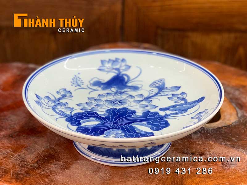Đĩa mâm ngũ quả 27cm hoa sen Bát Tràng men xanh cao cấp 