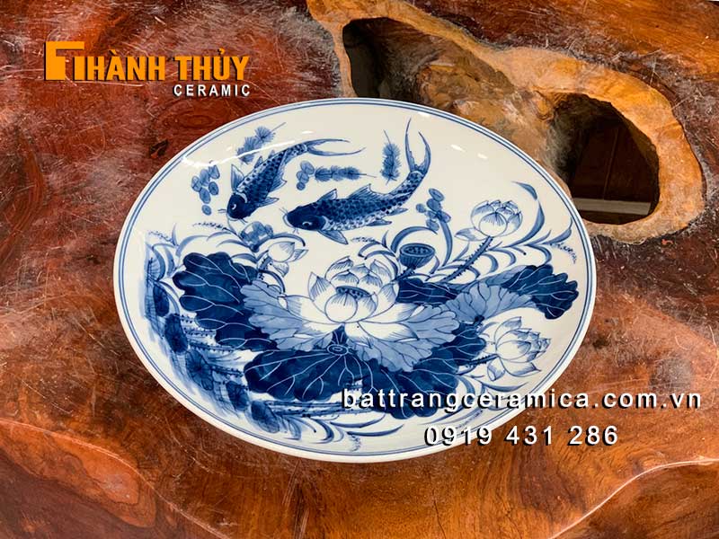 Mâm bồng sứ sen cá 22cm cao cấp Bát Tràng đẹp bền chất lượng