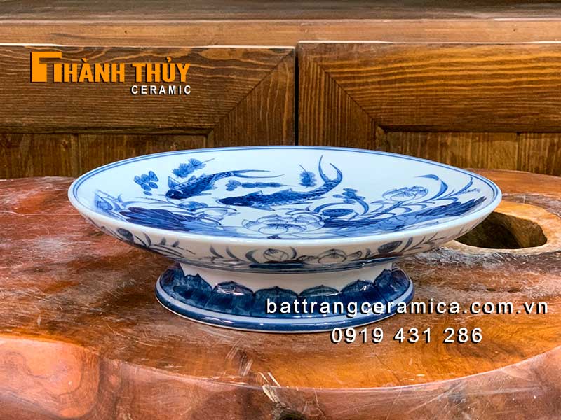Mâm bồng sứ sen cá 22cm cao cấp Bát Tràng đẹp bền chất lượng