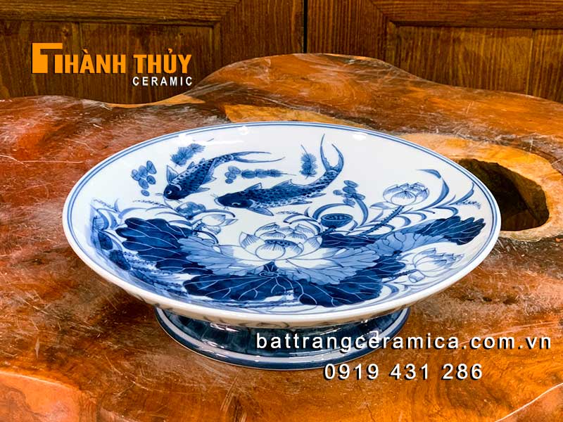 Mâm bồng sứ sen cá 22cm cao cấp Bát Tràng đẹp bền chất lượng 