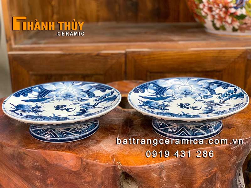 Mâm bồng sứ men xanh Lam 35cm cao cấp Đồ thờ Bát Tràng