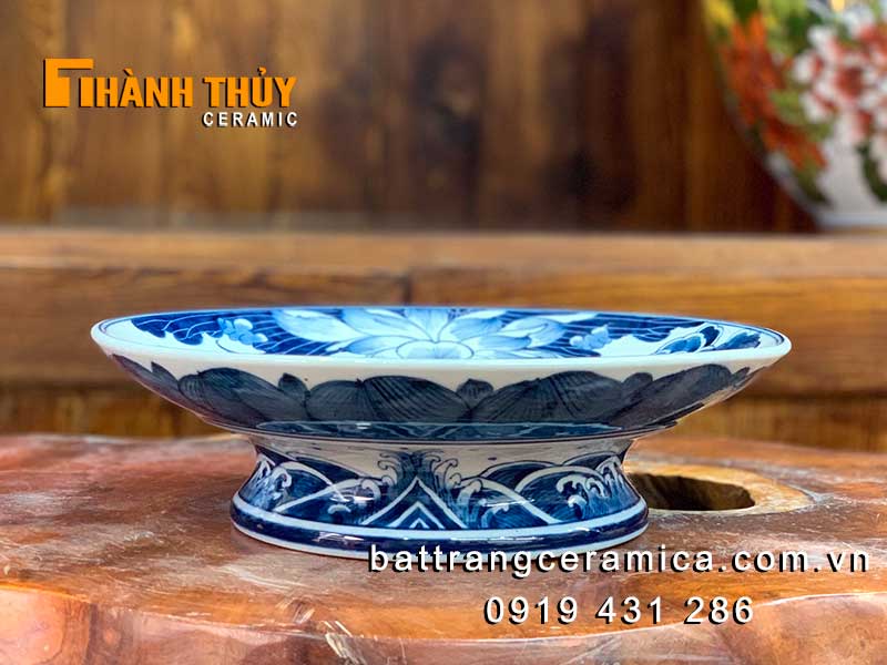 Mâm bồng sứ men xanh Lam 35cm cao cấp Đồ thờ Bát Tràng