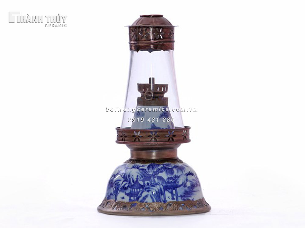 Đèn dầu thờ men lam cổ 21cm bền đẹp phong thủy gia tiên