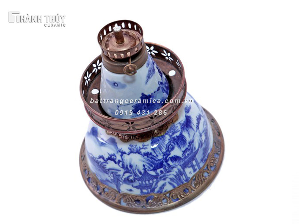 Đèn dầu thờ men lam cổ 21cm bền đẹp phong thủy gia tiên