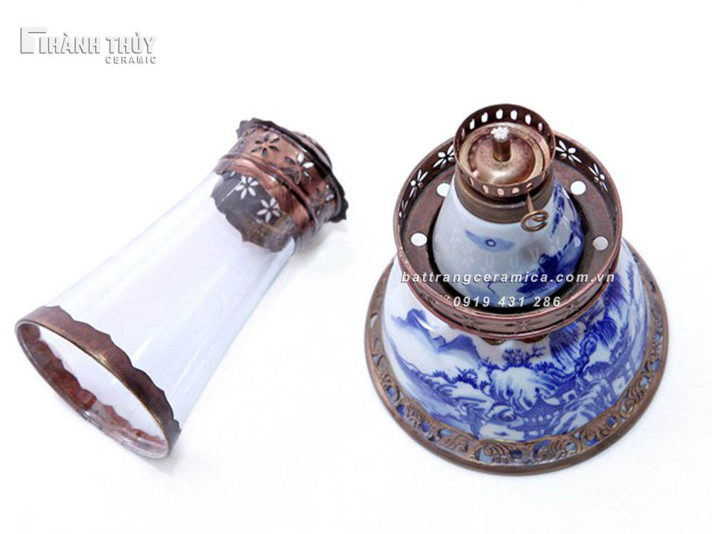 Đèn dầu thờ men lam cổ 21cm bền đẹp phong thủy gia tiên