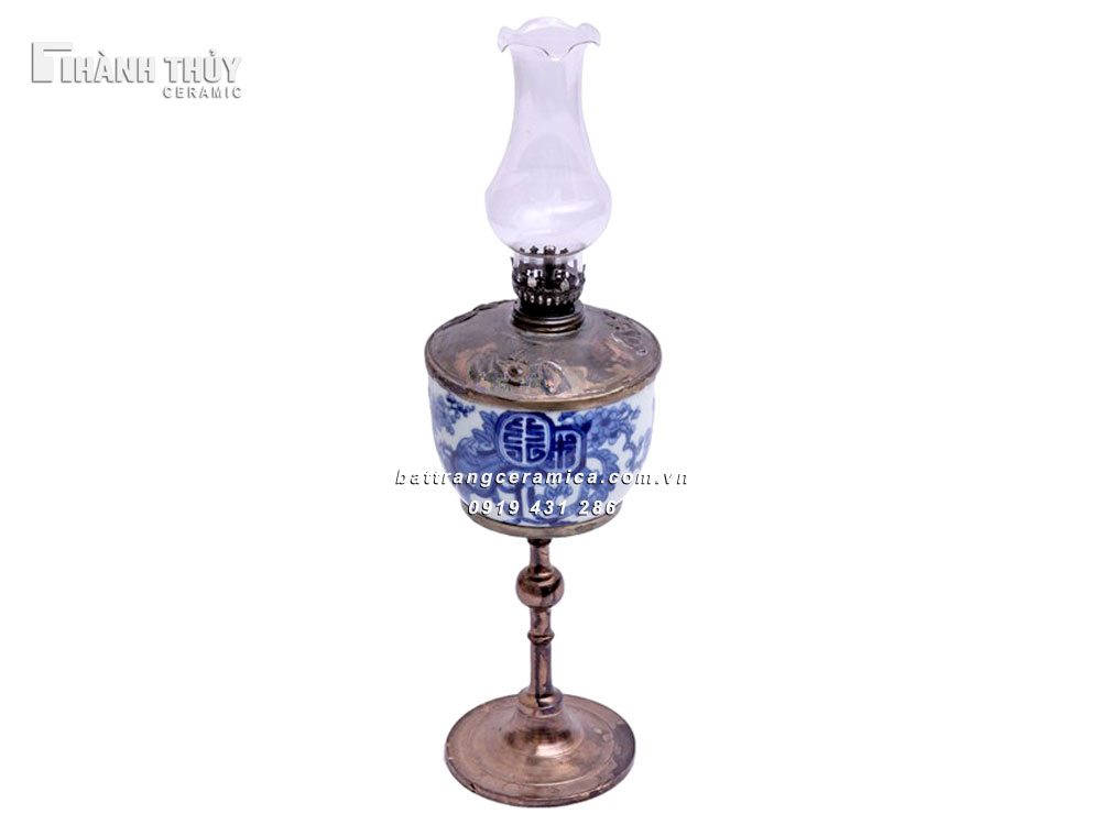 Đèn dầu Mai Thọ men Lam 40cm Độc đáo Gốm sứ Bát Tràng Phong thủy