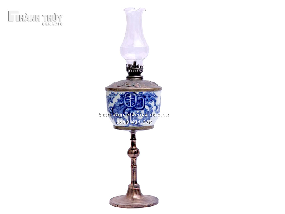Đèn dầu Mai Thọ men Lam 40cm Độc đáo Gốm sứ Bát Tràng Phong thủy