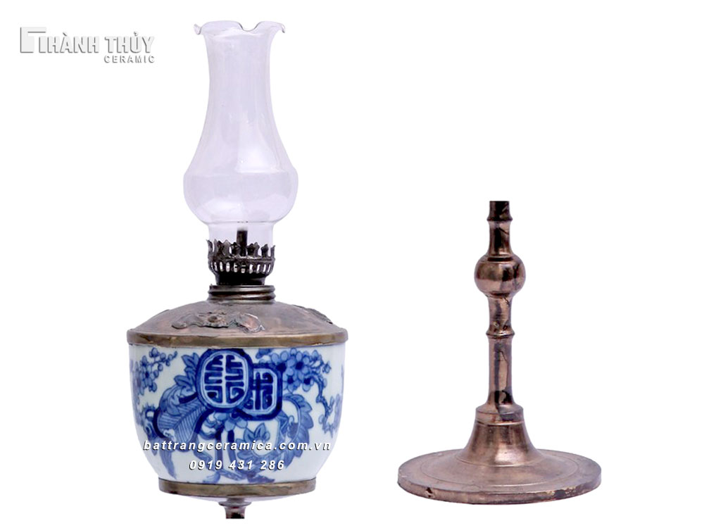 Đèn dầu Mai Thọ men Lam 40cm Độc đáo Gốm sứ Bát Tràng Phong thủy