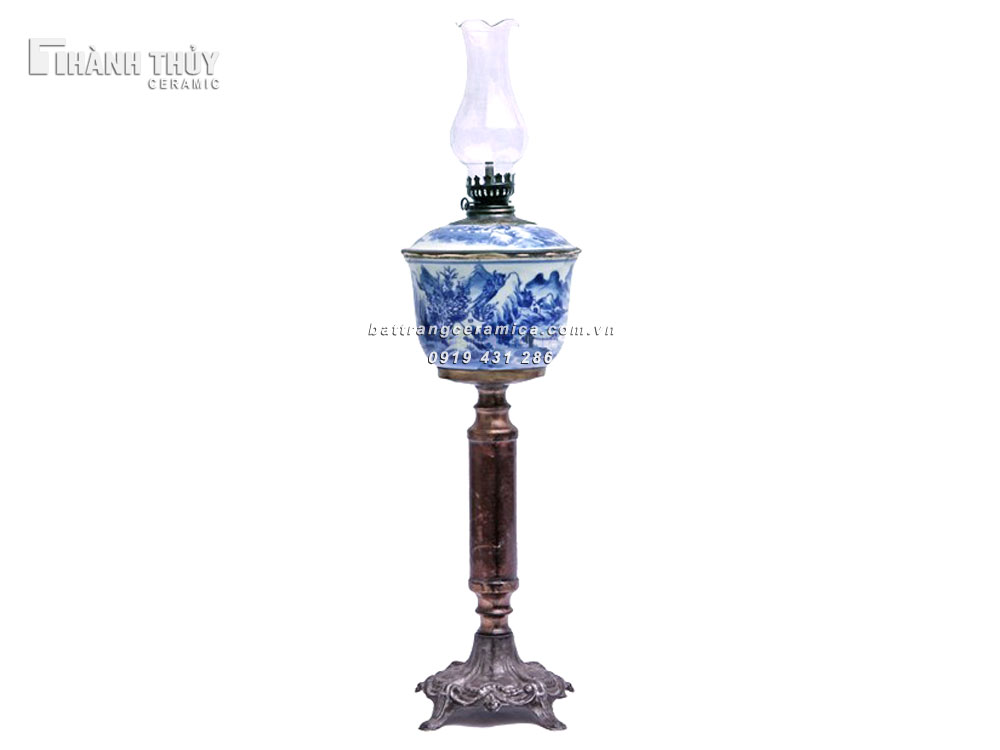Đèn dầu thờ men Lam sơn thủy Bát Tràng cao 49cm đẹp sang trọng