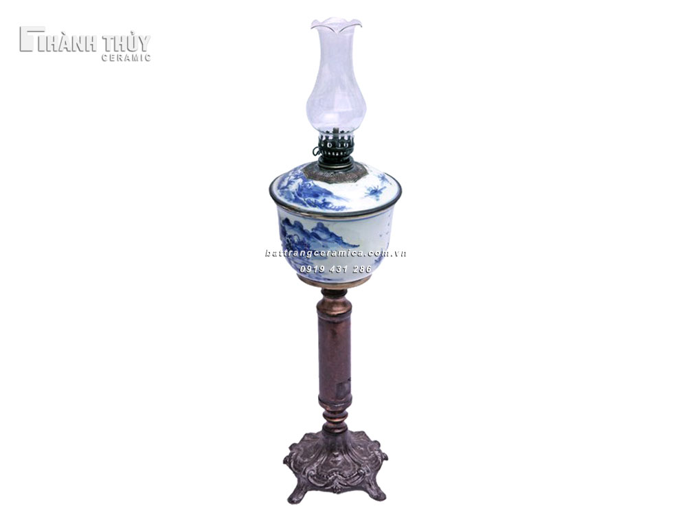Đèn dầu thờ men Lam sơn thủy Bát Tràng cao 49cm đẹp sang trọng