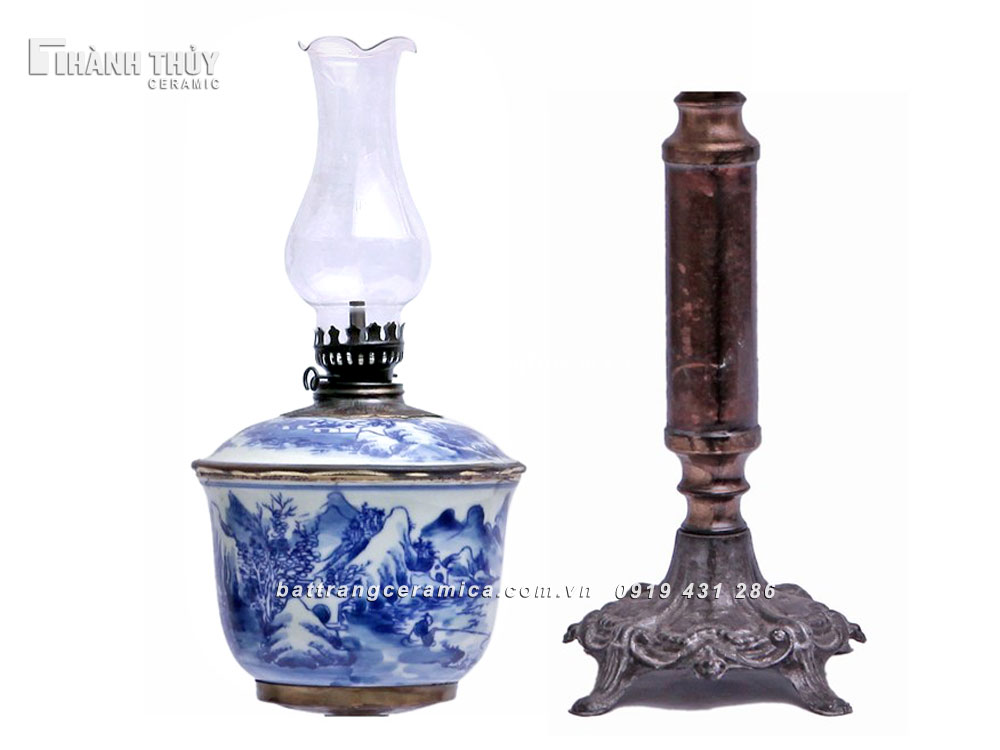 Đèn dầu thờ men Lam sơn thủy Bát Tràng cao 49cm đẹp sang trọng