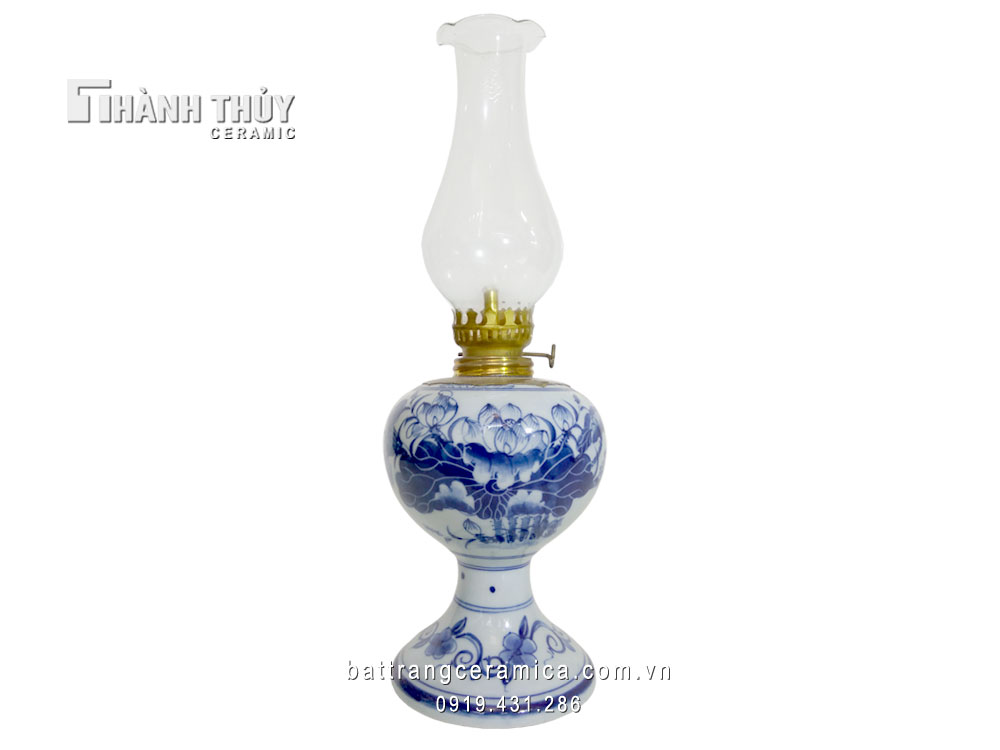 Đèn dầu sen men Lam cổ cao 26 cm trang trí bàn thờ