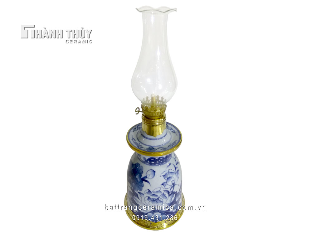 Đèn dầu vẽ sen cổ cao 30cm men Lam trang trí tinh tế, sang trọng