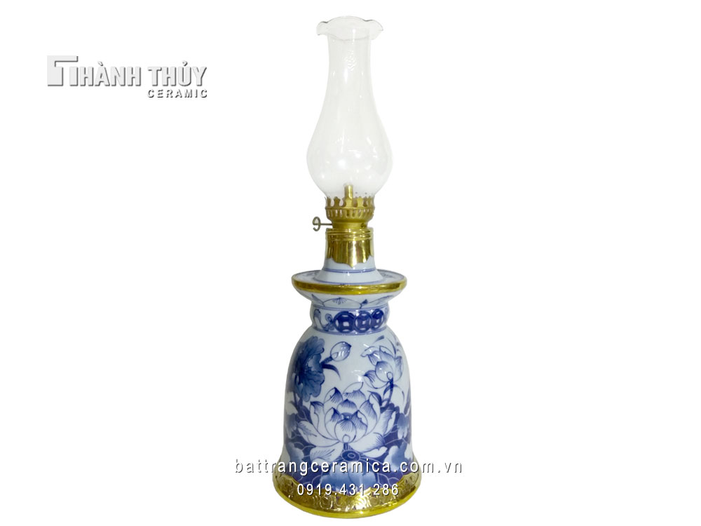 Đèn dầu vẽ sen cổ cao 30cm men Lam trang trí tinh tế, sang trọng 