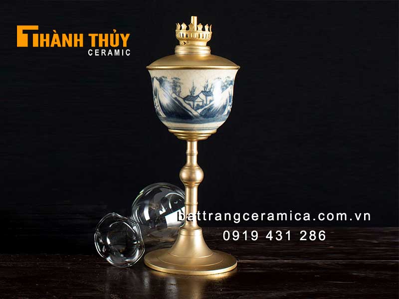 Đèn dầu thờ giả cổ chân đồng 35cm phong thủy tài lộc