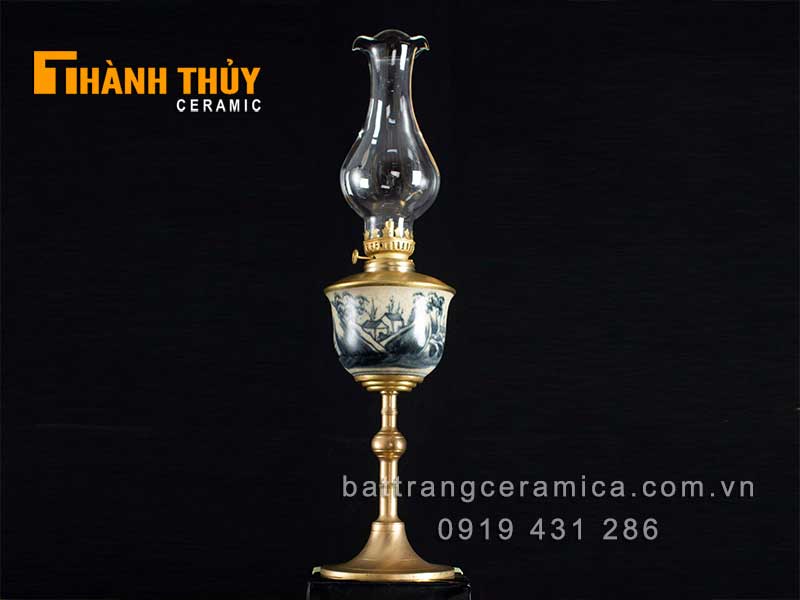 Đèn dầu thờ giả cổ chân đồng 35cm phong thủy tài lộc 