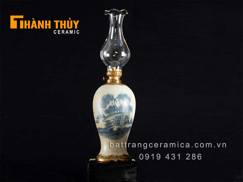 Đèn dầu đùi dế 31cm vẽ sơn thủy phong thủy đặt bàn thờ