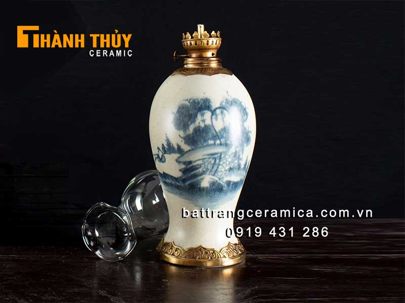 Đèn dầu đùi dế 31cm vẽ sơn thủy phong thủy đặt bàn thờ