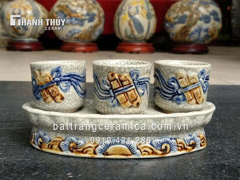 Kỷ cong 3 men rạn nổi bộ 4 chén quà tặng độc đáo giá tốt