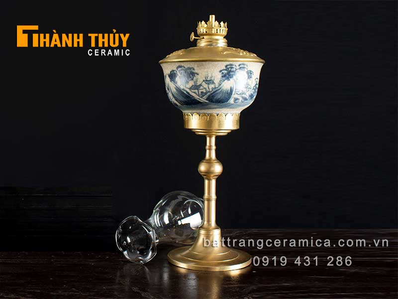 Đèn dầu thờ sơn thủy chân đồng 40 cm phong thủy may mắn