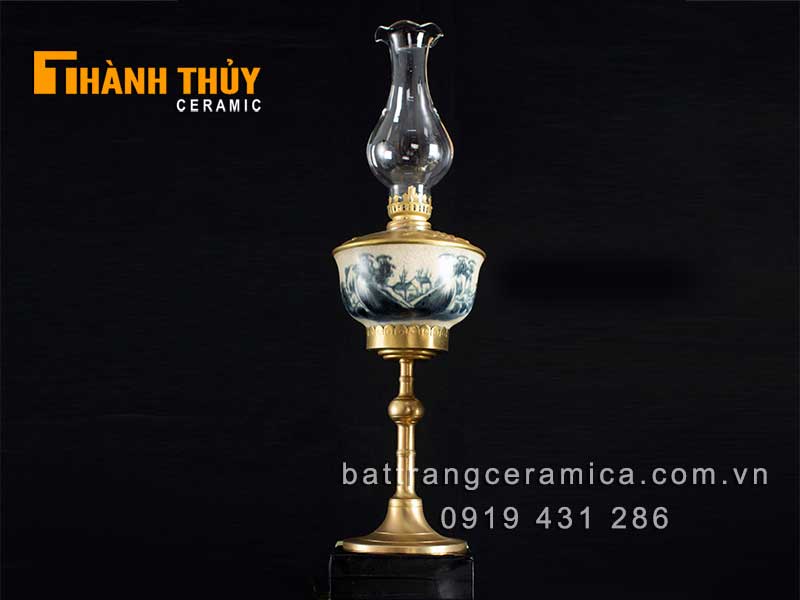Đèn dầu thờ sơn thủy chân đồng 40 cm phong thủy may mắn 