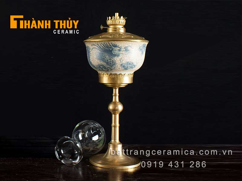 Đèn dầu thờ giả cổ vẽ rồng 40cm phong thủy kích tài lộc