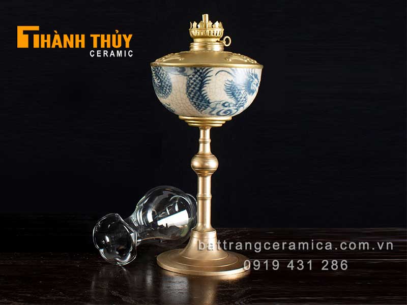 Đèn dầu thờ giả cổ vẽ rồng 36cm phong thủy may mắn