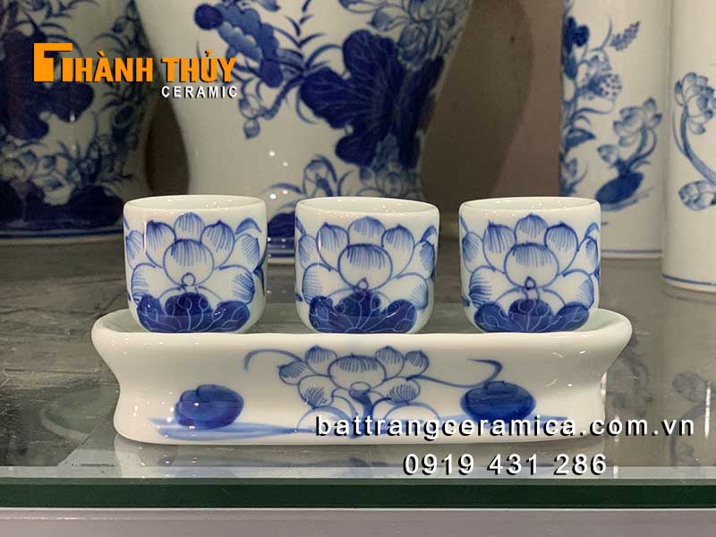 Kỷ 3 chén men lam thẳng cao cấp đồ thờ Bát Tràng chuẩn 