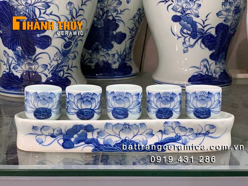 Bộ kỷ thờ 5 chén men lam cao cấp kích thước chuẩn Bát Tràng 