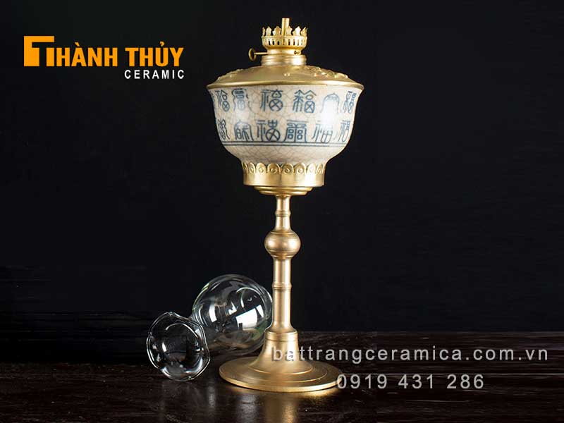 Đèn thờ chân đồng cổ 40cm phong thủy đài phúc lộc