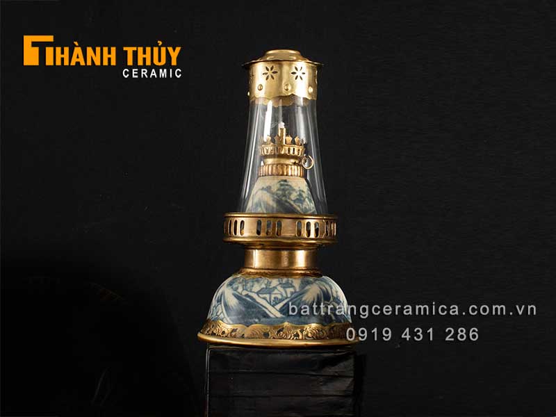 Đèn bàn thờ men rạn giả cổ 36cm phong thủy tài lộc 