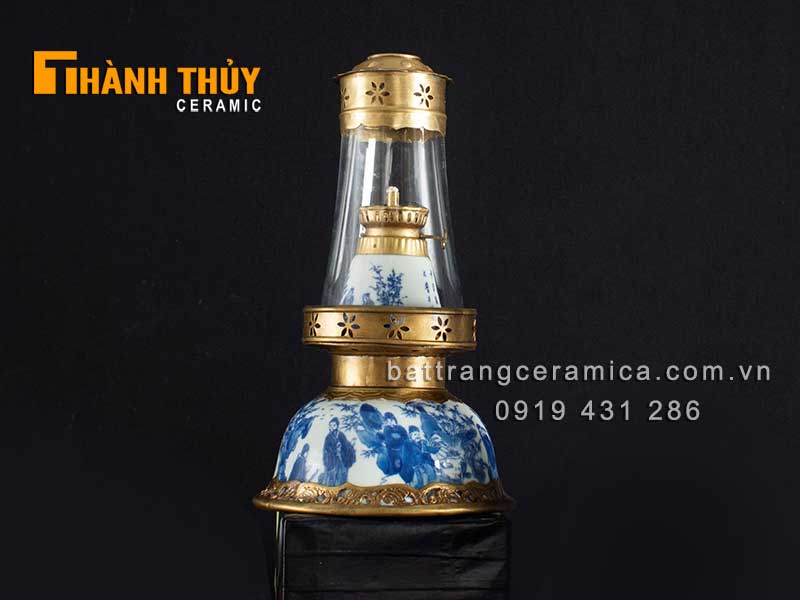 Đèn dầu trúc lâm thất hiền men lam cổ 36cm phong thủy tài lộc