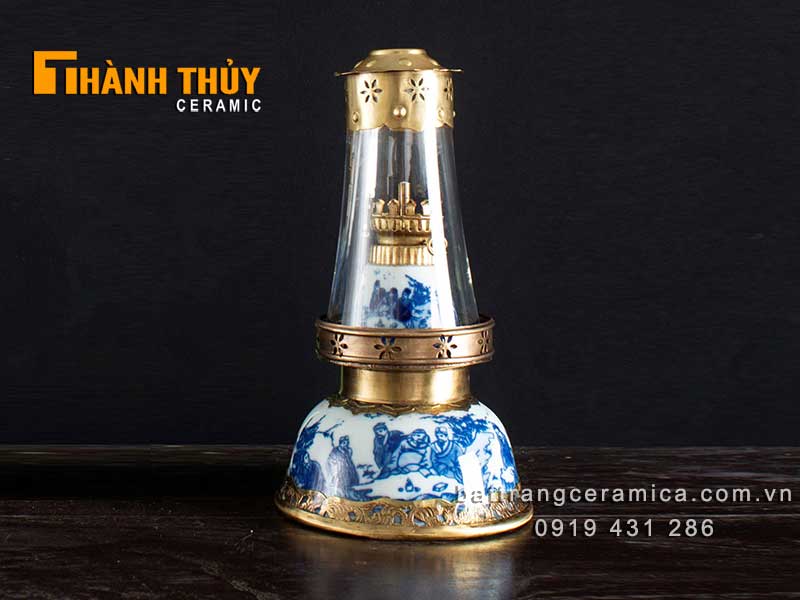 Đèn dầu trúc lâm thất hiền men lam cổ 36cm phong thủy tài lộc