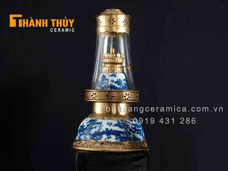 Đèn dầu sơn thủy xanh lam 36cm phong thủy tài lộc đèn thờ